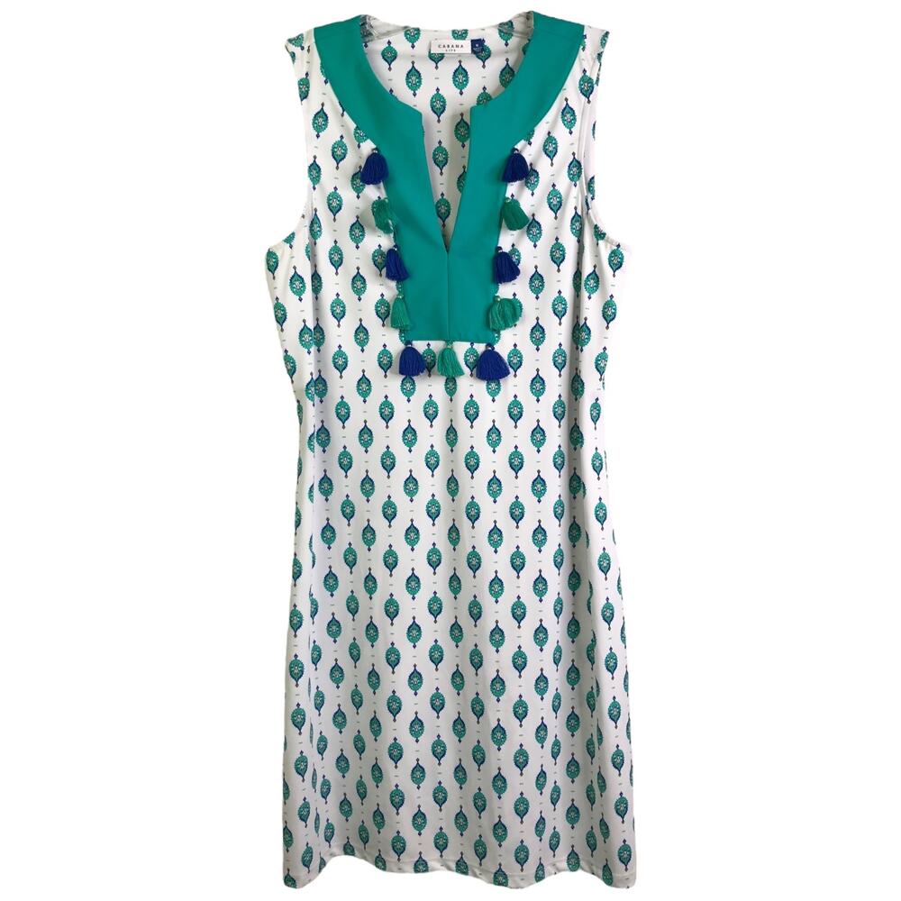 Cabana Life Shift Dress Womens Size M Teal Blue Geo Sleeveless V-Neck Stretch